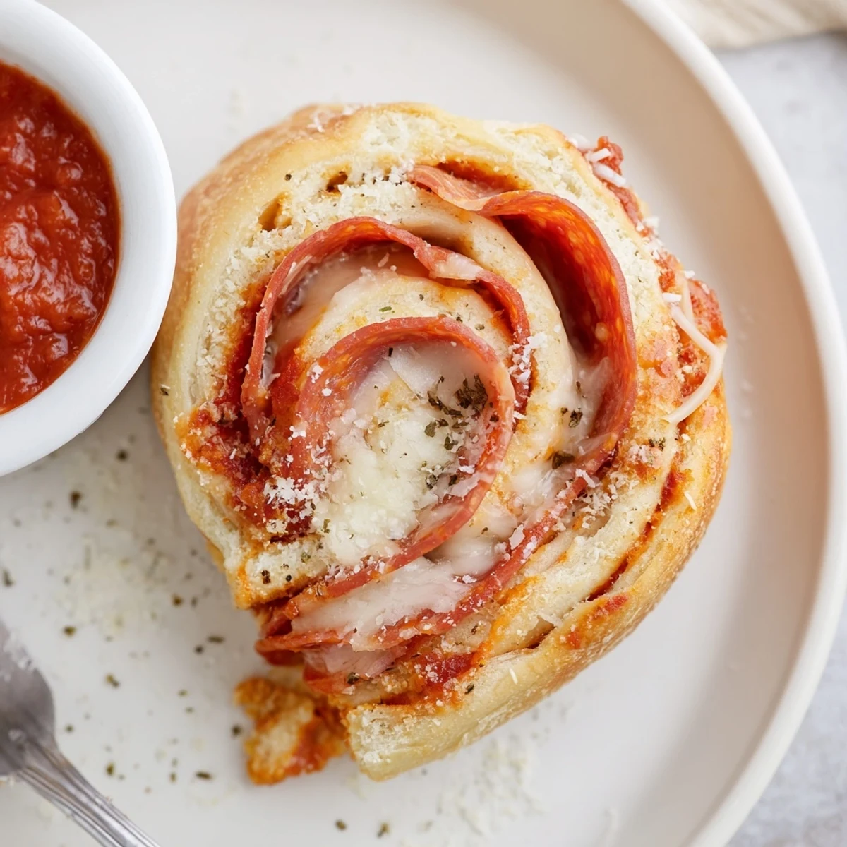 Warm Pepperoni Pizza Roll Breadsticks oozing mozzarella, golden crust, marinara for dipping.