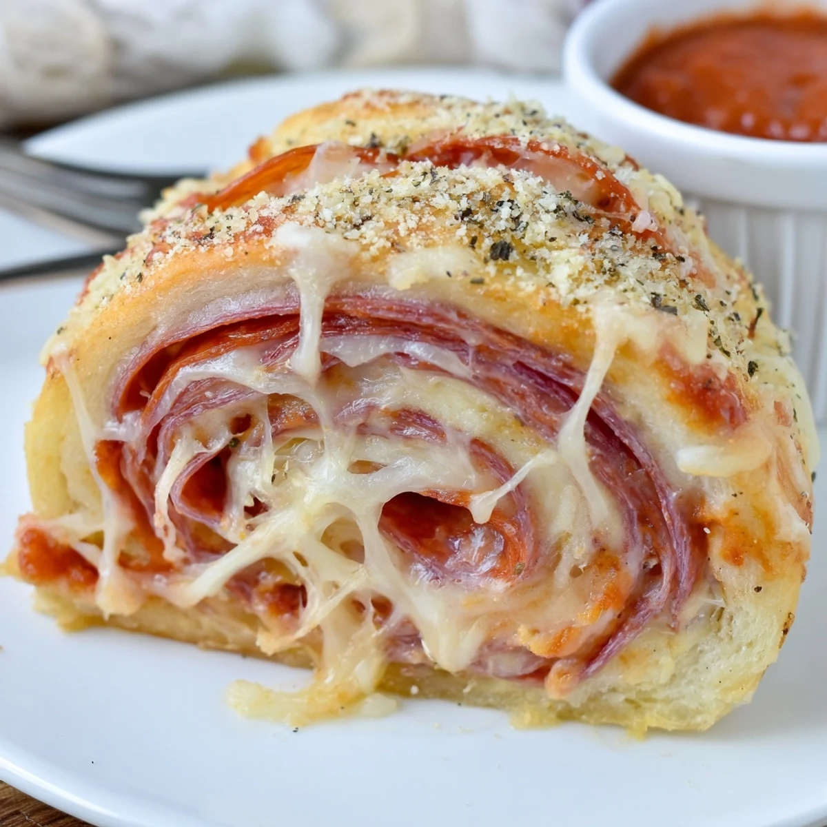 Hand-pulled Pepperoni Pizza Roll Breadsticks served warm on parchment, garlic-scented butter.