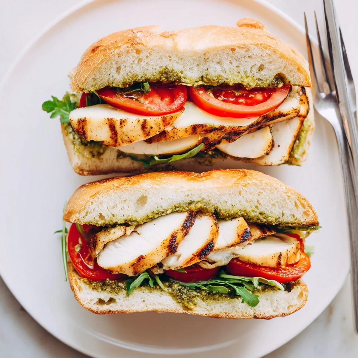 Simple Chicken Pesto Sandwich Recipe on toasted ciabatta, sliced tomato and peppery arugula