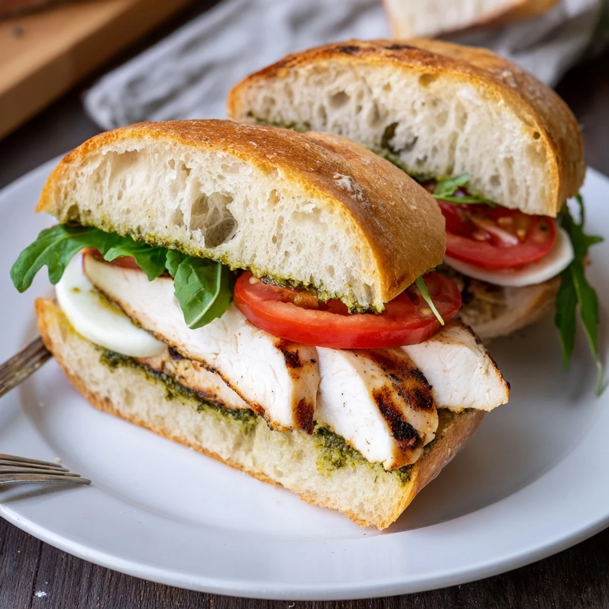 Golden-toasted Chicken Pesto Sandwich Recipe showcasing grilled chicken, creamy pesto, ripe tomato