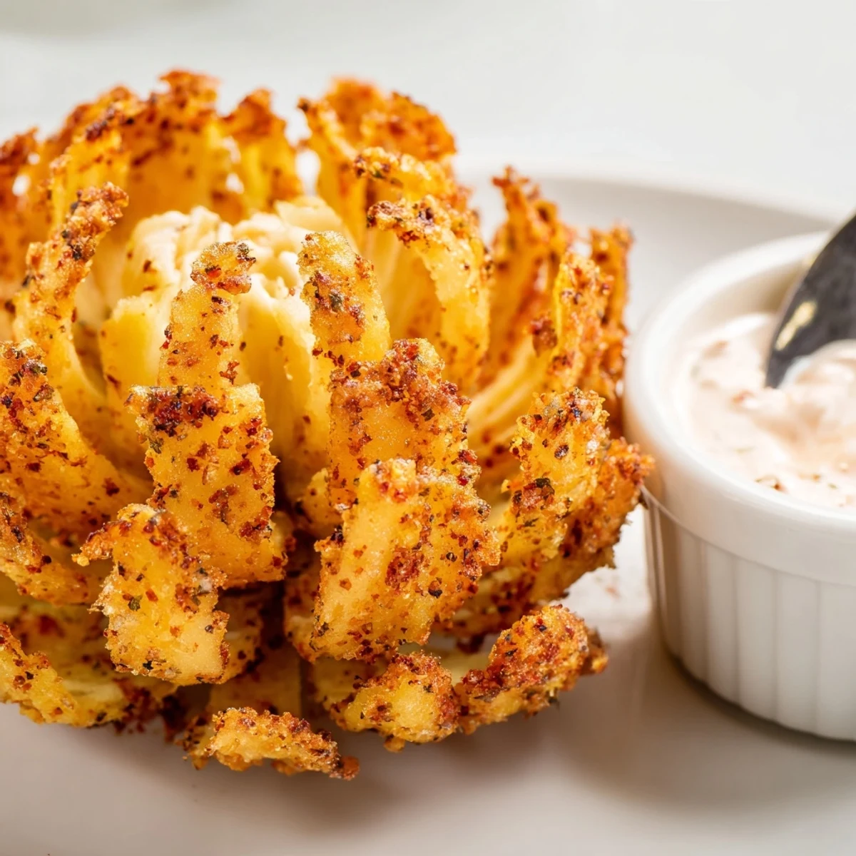Crispy Mini Bloomin Onions Recipe, golden petals crackling, served with zesty horseradish dip  