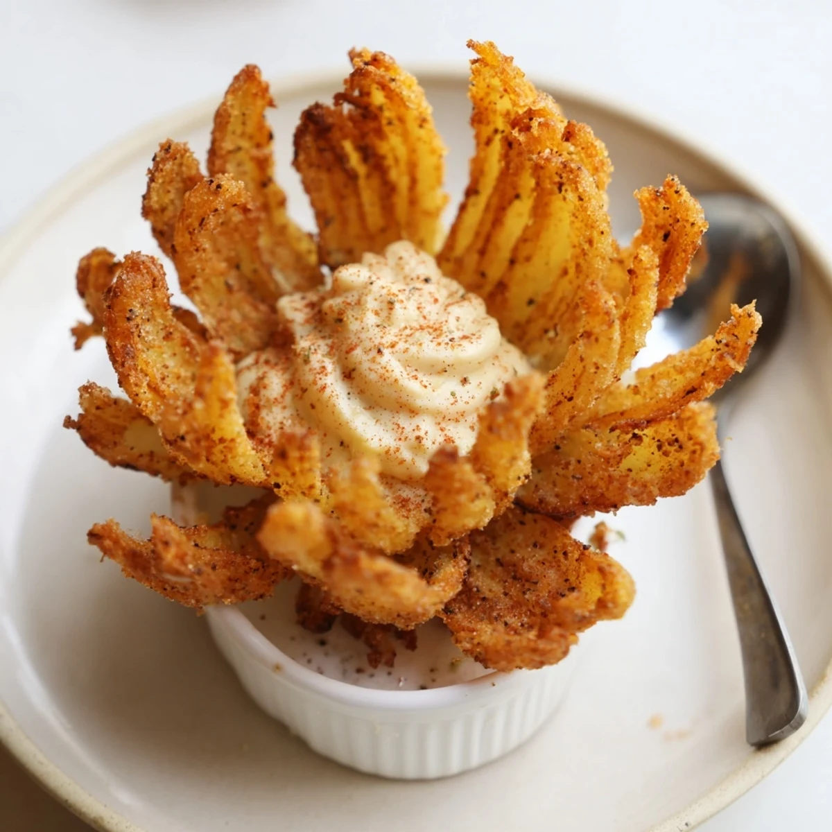 Warm, crunchy petals in a bowl — Crispy Mini Bloomin Onions Recipe for parties