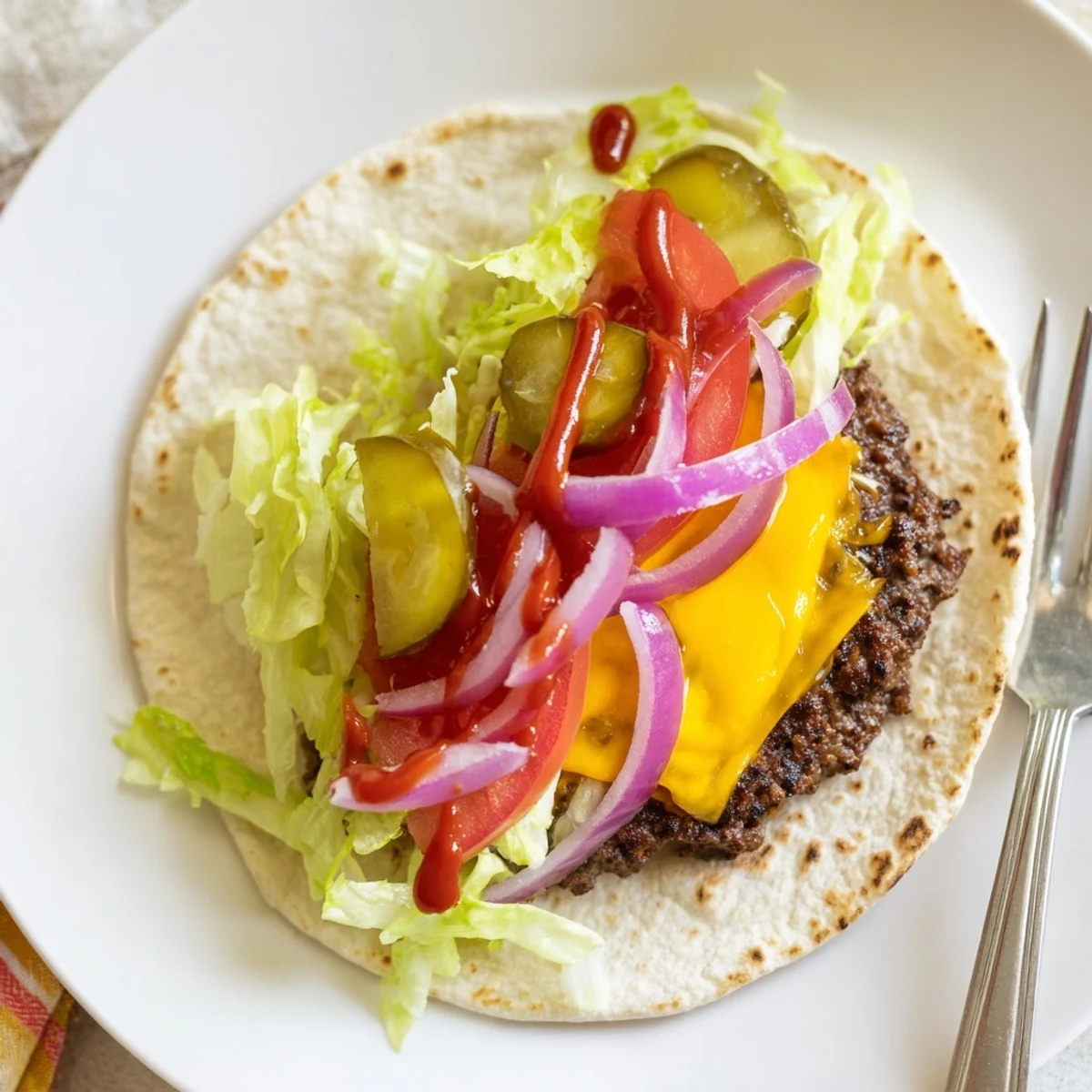 Folded Smash Burger Tacos with crisp lettuce, pickles, and tangy burger sauce