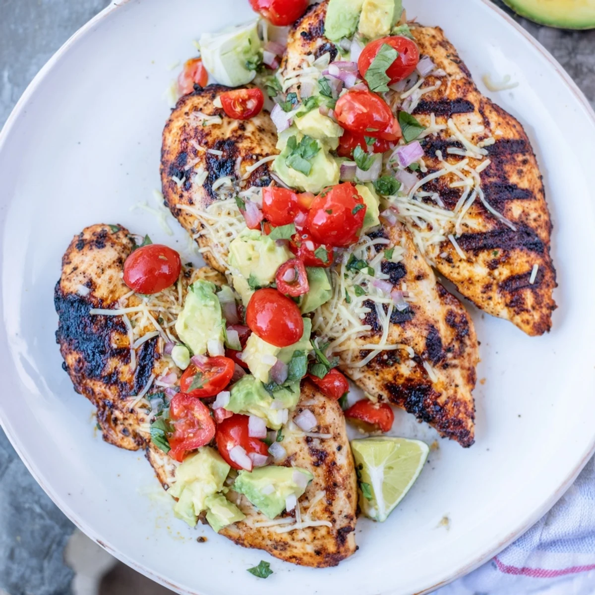 Pan seared Fiesta Lime Chicken With Avocado, juicy charred edges and lime wedges  