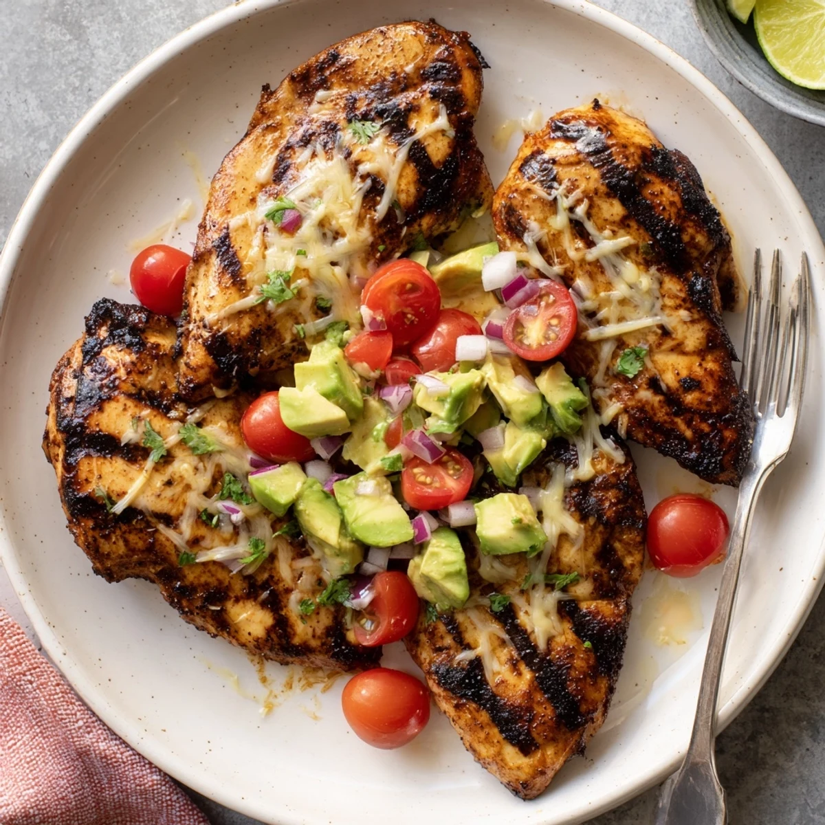 Fiesta Lime Chicken With Avocado plated with melted cheese, fresh cilantro, zesty aroma