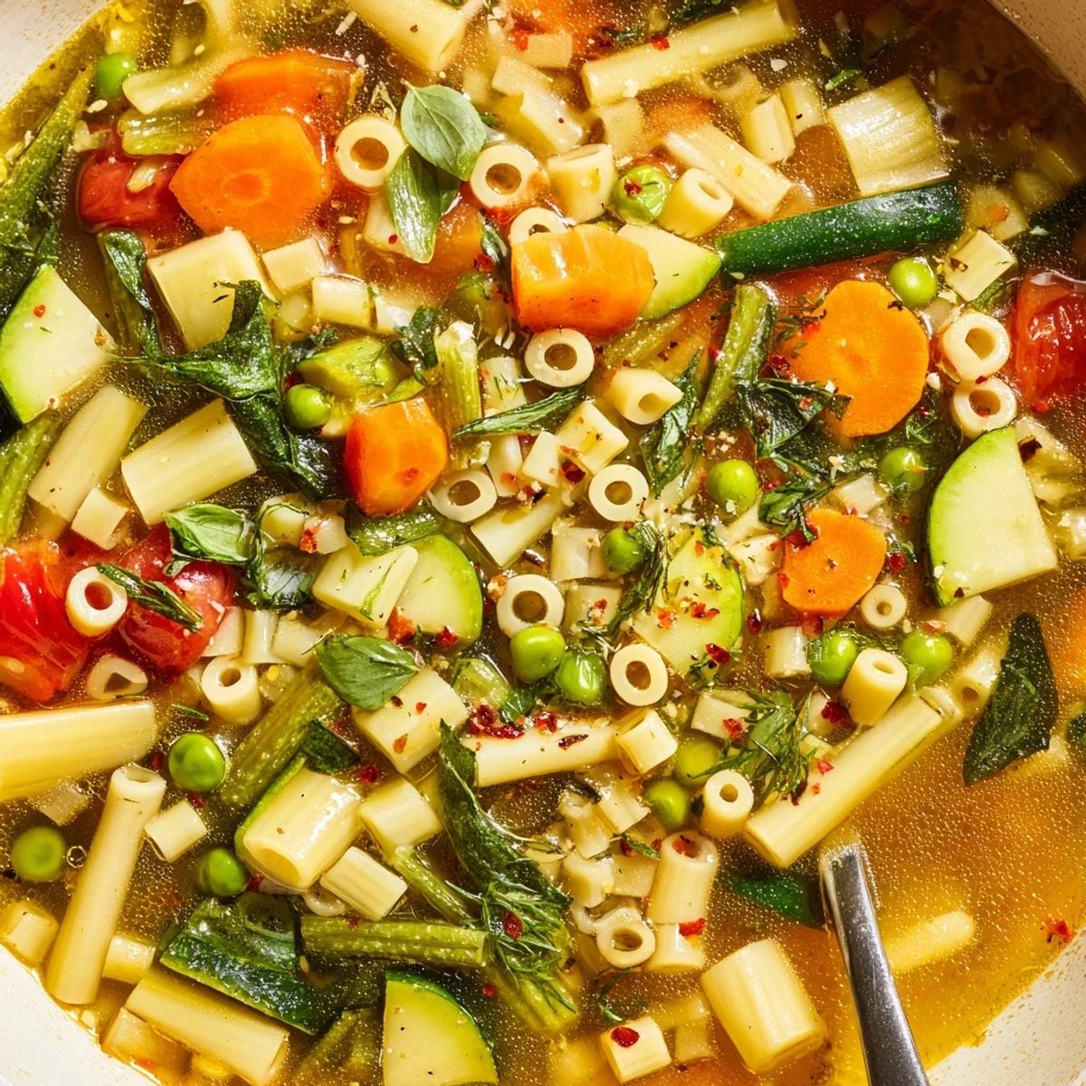 Spring Minestrone Soup Recipe steamy bowl with vibrant vegetables and fresh basil