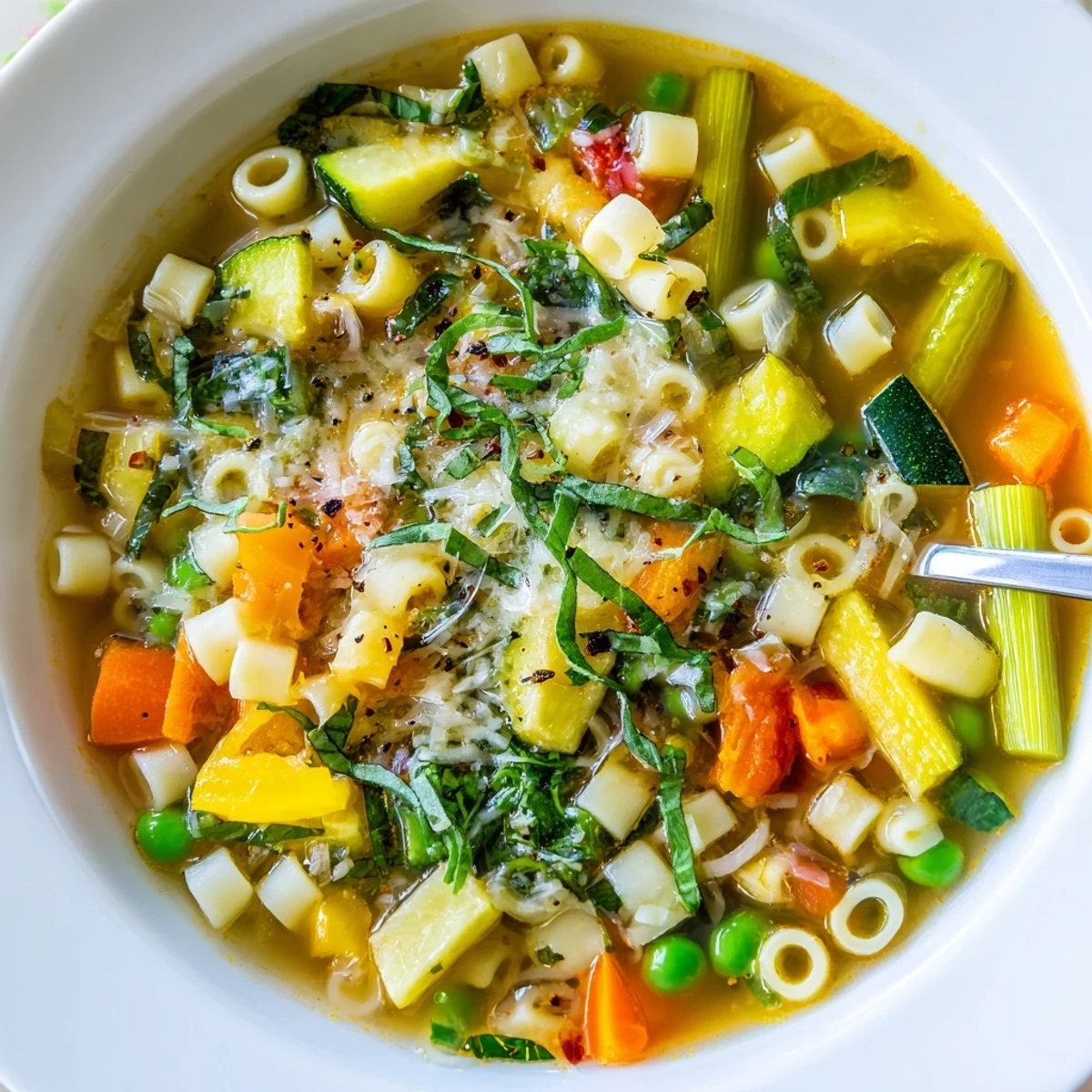 Bright Spring Minestrone Soup Recipe shimmering broth, tender pasta, cherry tomatoes