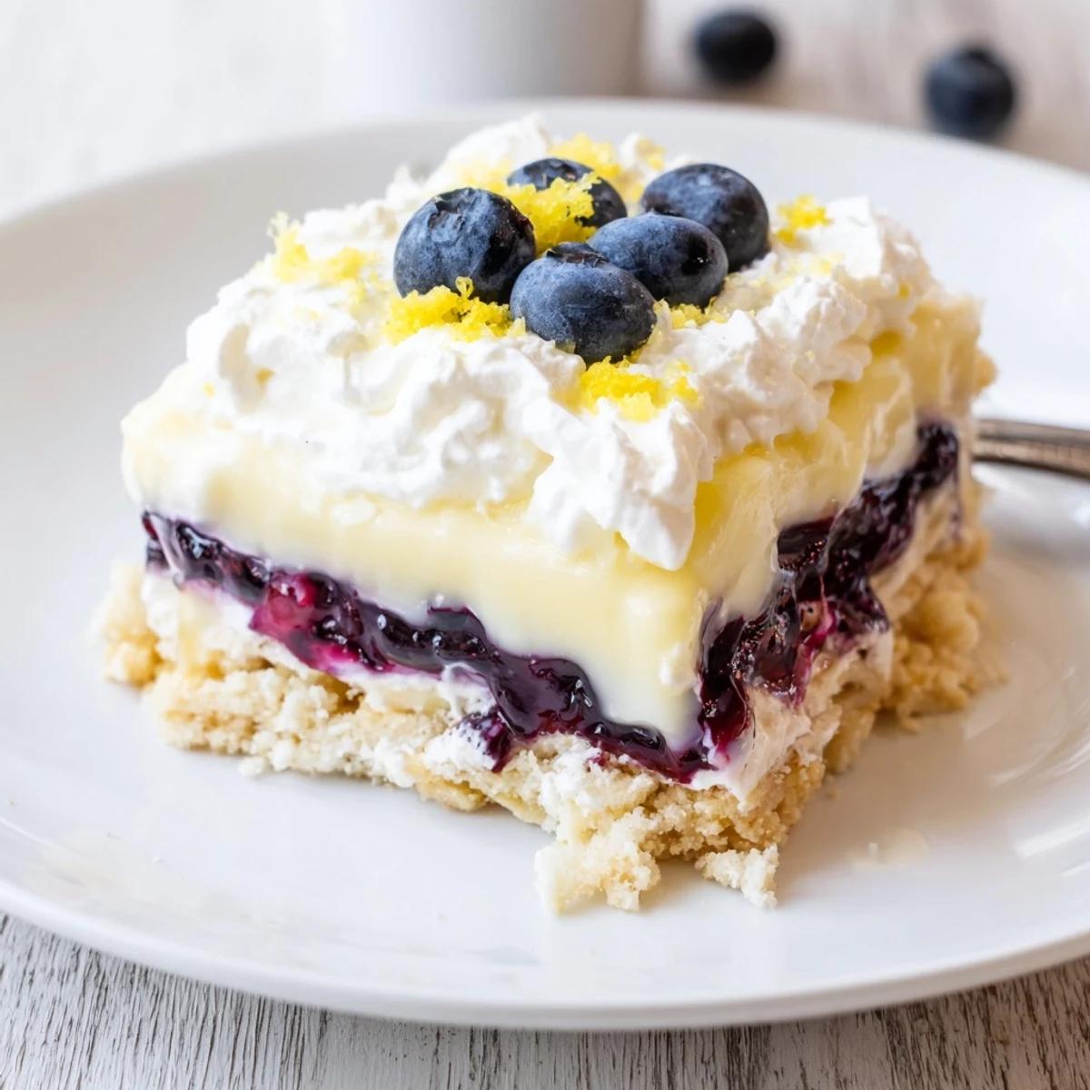 Chilled Lemon Blueberry Lasagna Recipe slice with whipped topping and bright zest.