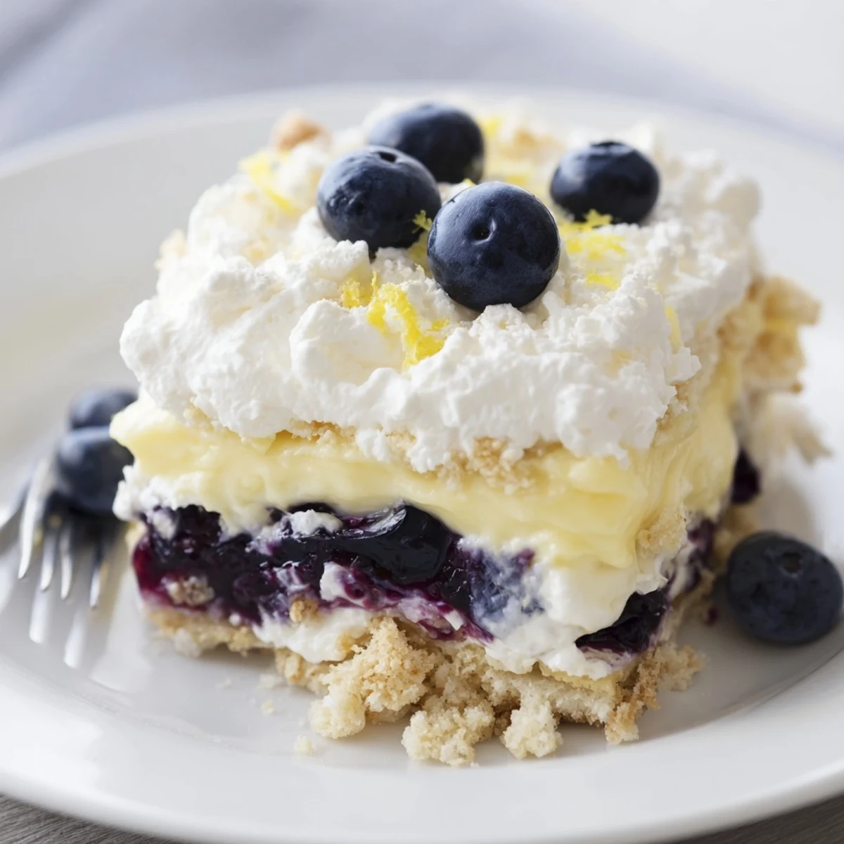Lemon Blueberry Lasagna Recipe showing creamy lemon layers, juicy blueberries, buttery crust.