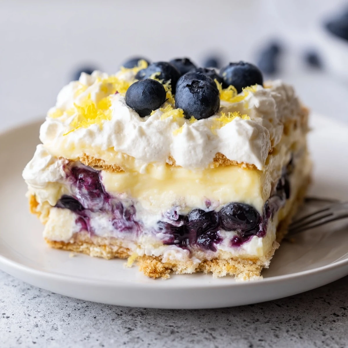 Perfect for summer gatherings, Lemon Blueberry Lasagna Recipe plated beside chilled lemonade.