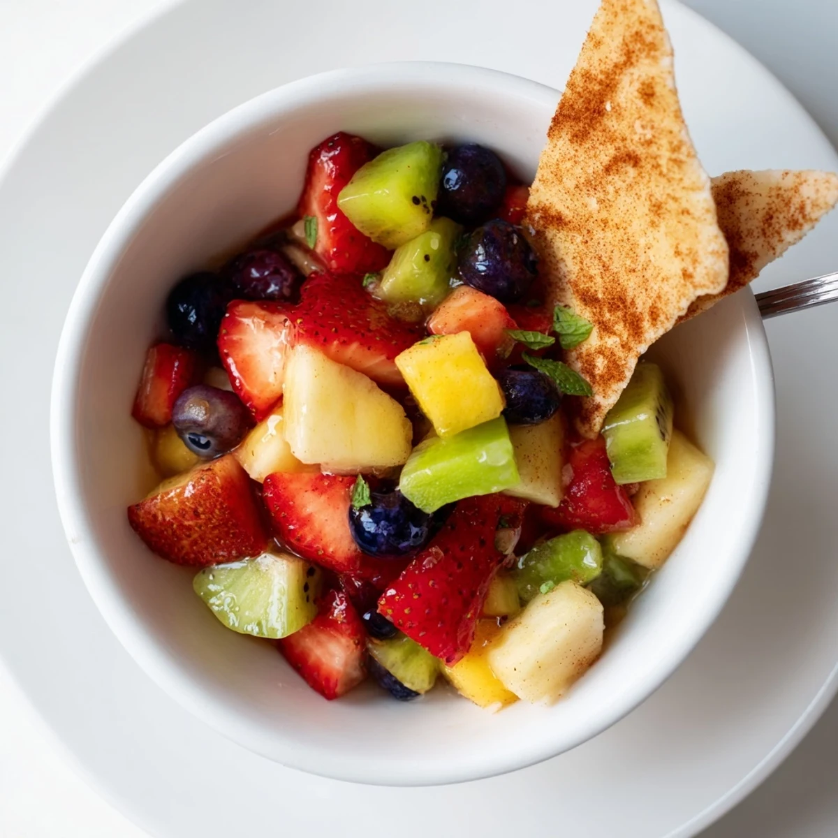 Fruit Salsa With Cinnamon Sugar Tortilla Chips in bowl, bright, juicy, ready to dip