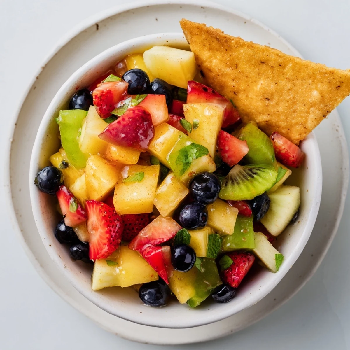 Chilled Fruit Salsa With Cinnamon Sugar Tortilla Chips surrounded by warm, crisp wedges