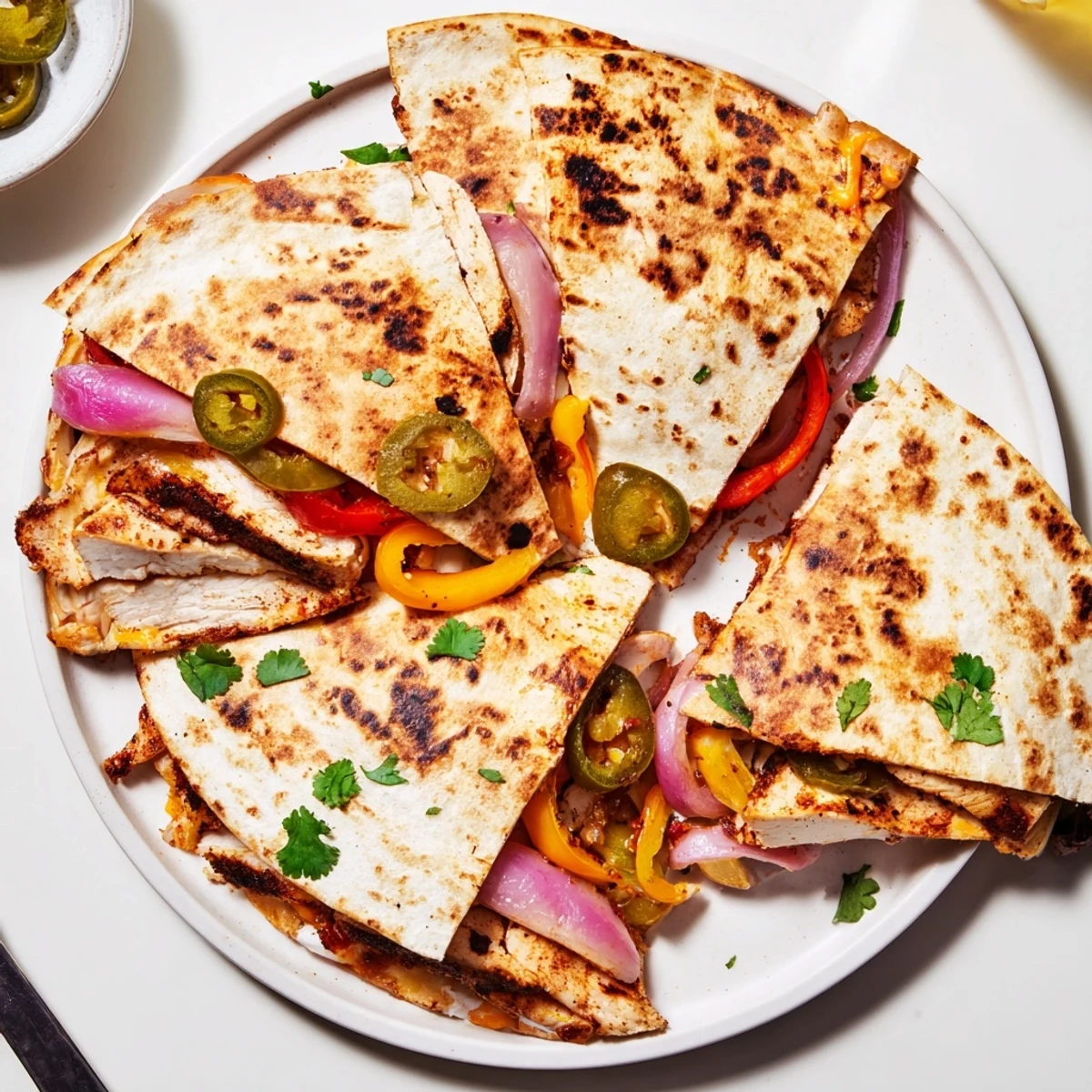 Spicy Crispy Grilled Chicken Quesadilla sliced into wedges, cheese oozing, charred edges.