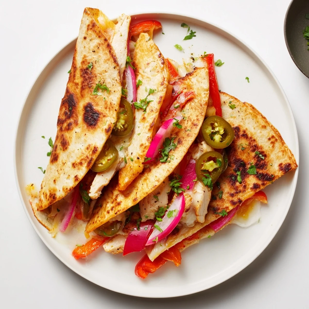 Skillet-crisped Spicy Crispy Grilled Chicken Quesadilla with pickled jalapeños and cilantro.