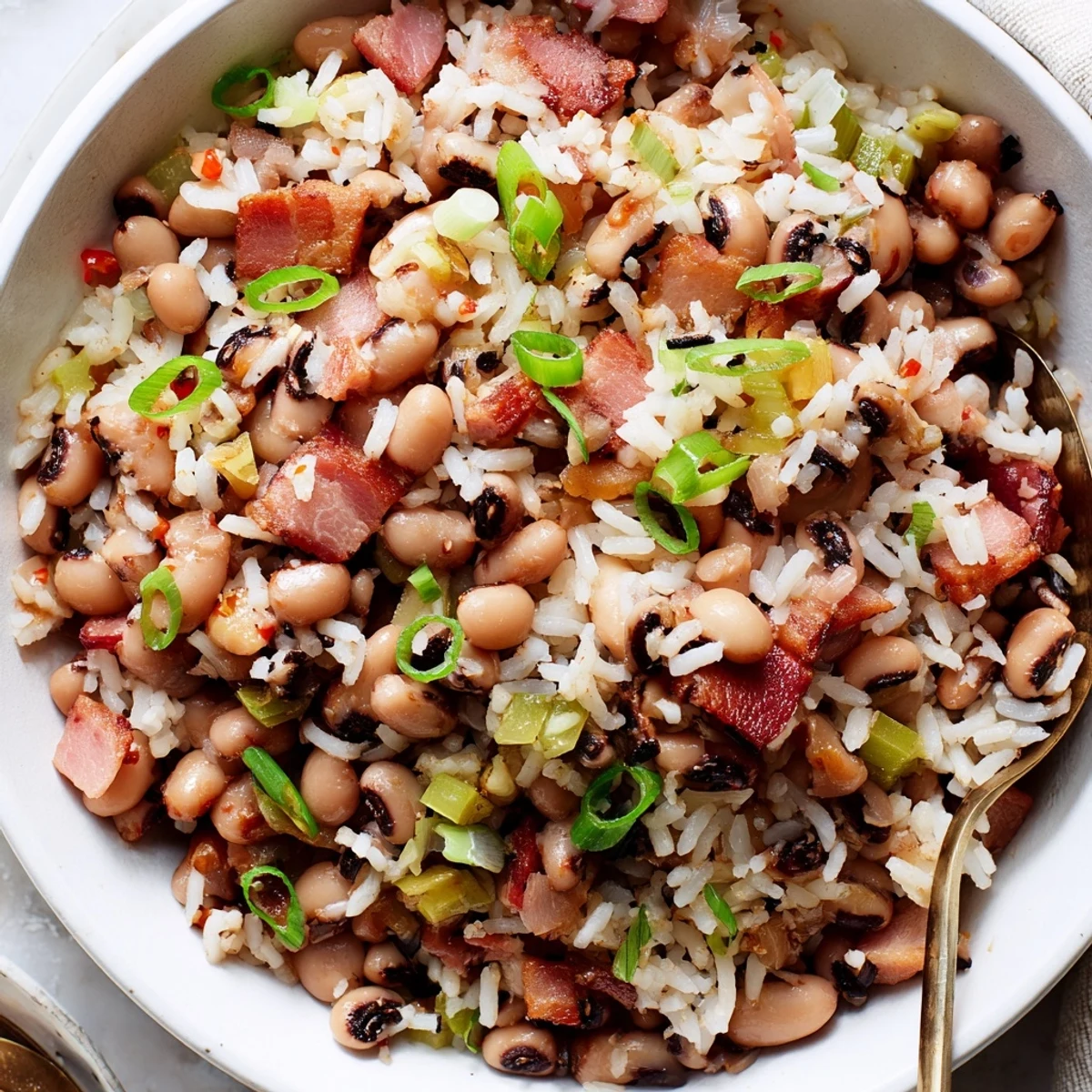Hearty Smoky Southern Hoppin John steaming in bowl, tender peas and rice