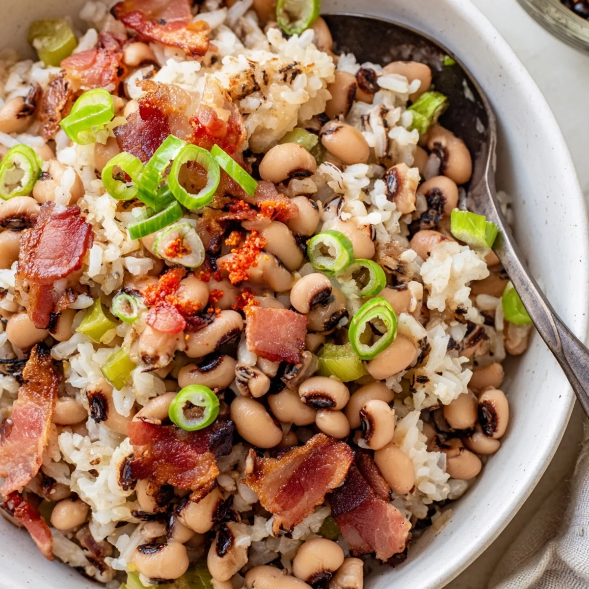 Bowl of Hearty Smoky Southern Hoppin John with crispy bacon and scallions