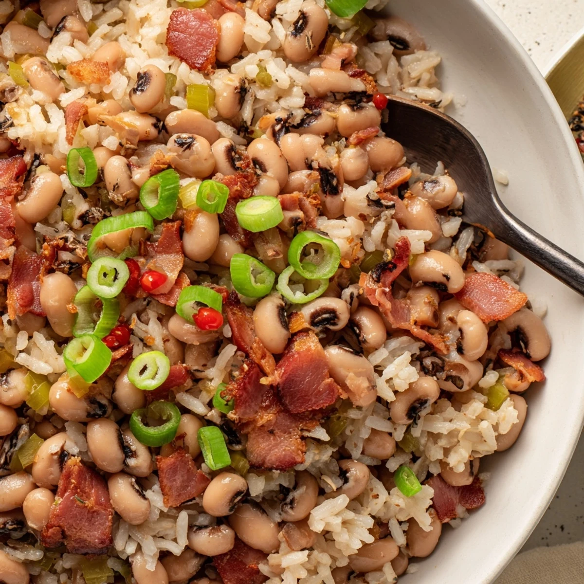 Spoon lifting Hearty Smoky Southern Hoppin John, smoky aroma and fluffy rice