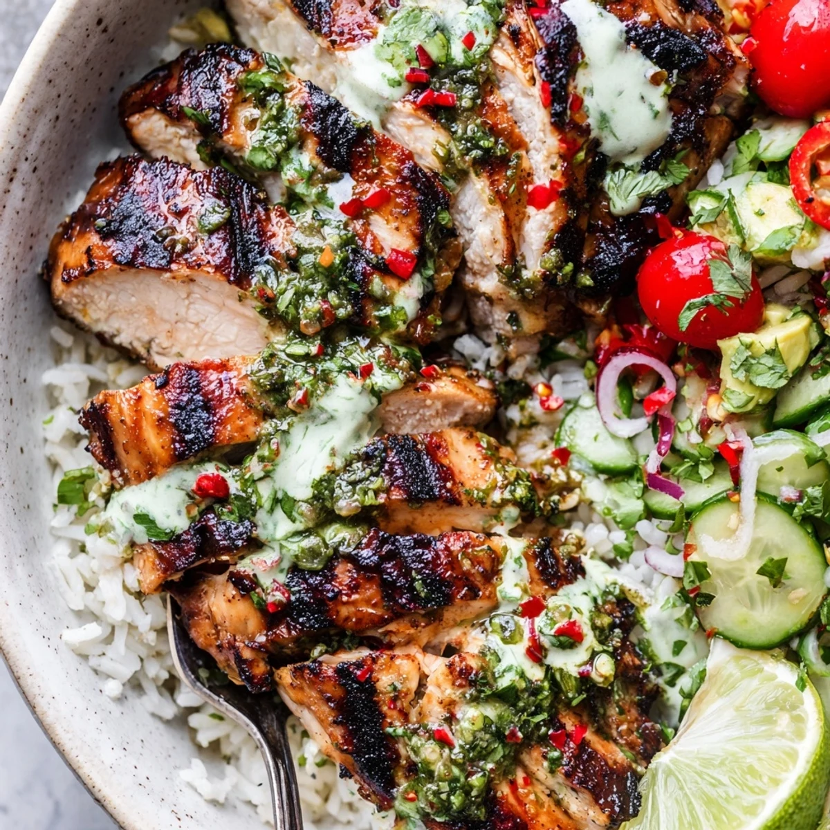 Chimichurri Grilled Chicken Bowl With Garlic Sauce over steaming rice and avocado