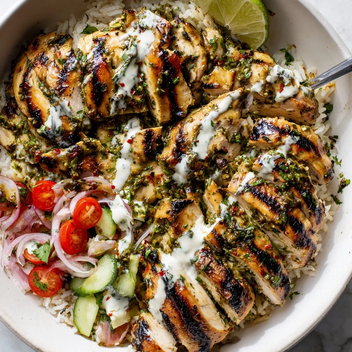 Juicy, charred slices in Chimichurri Grilled Chicken Bowl With Garlic Sauce, cilantro garnish