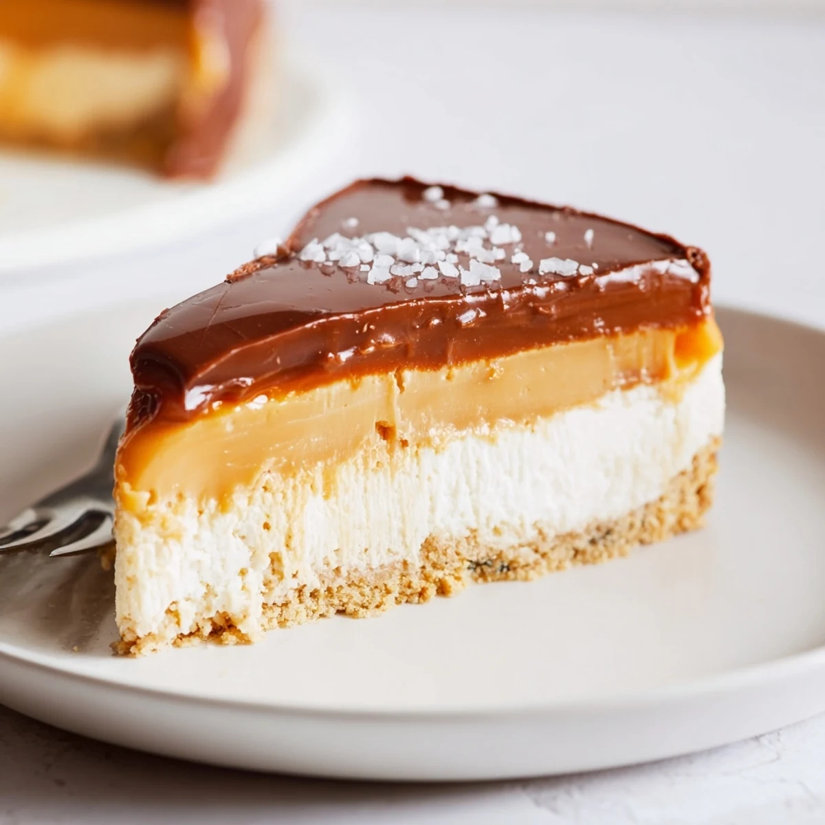 Luxurious Millionaire Cheesecake with glossy ganache, silky caramel, and crumbly biscuit base.