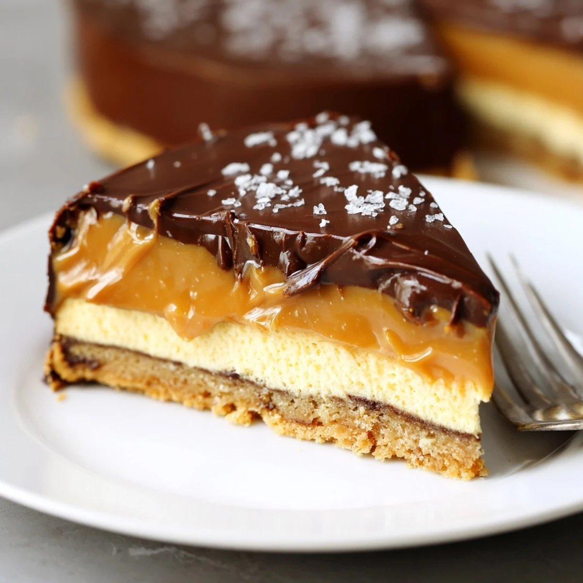 Chilled Luxurious Millionaire Cheesecake slice showing creamy filling and salted caramel.