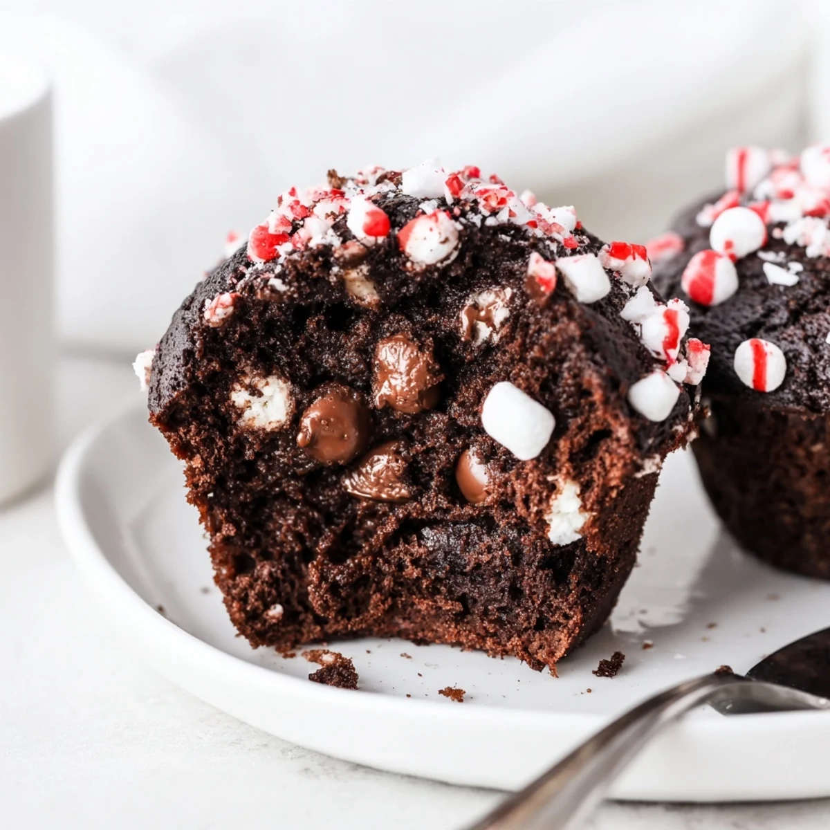 Warm Peppermint Hot Chocolate Muffins with crushed peppermint, steam rising invitingly  