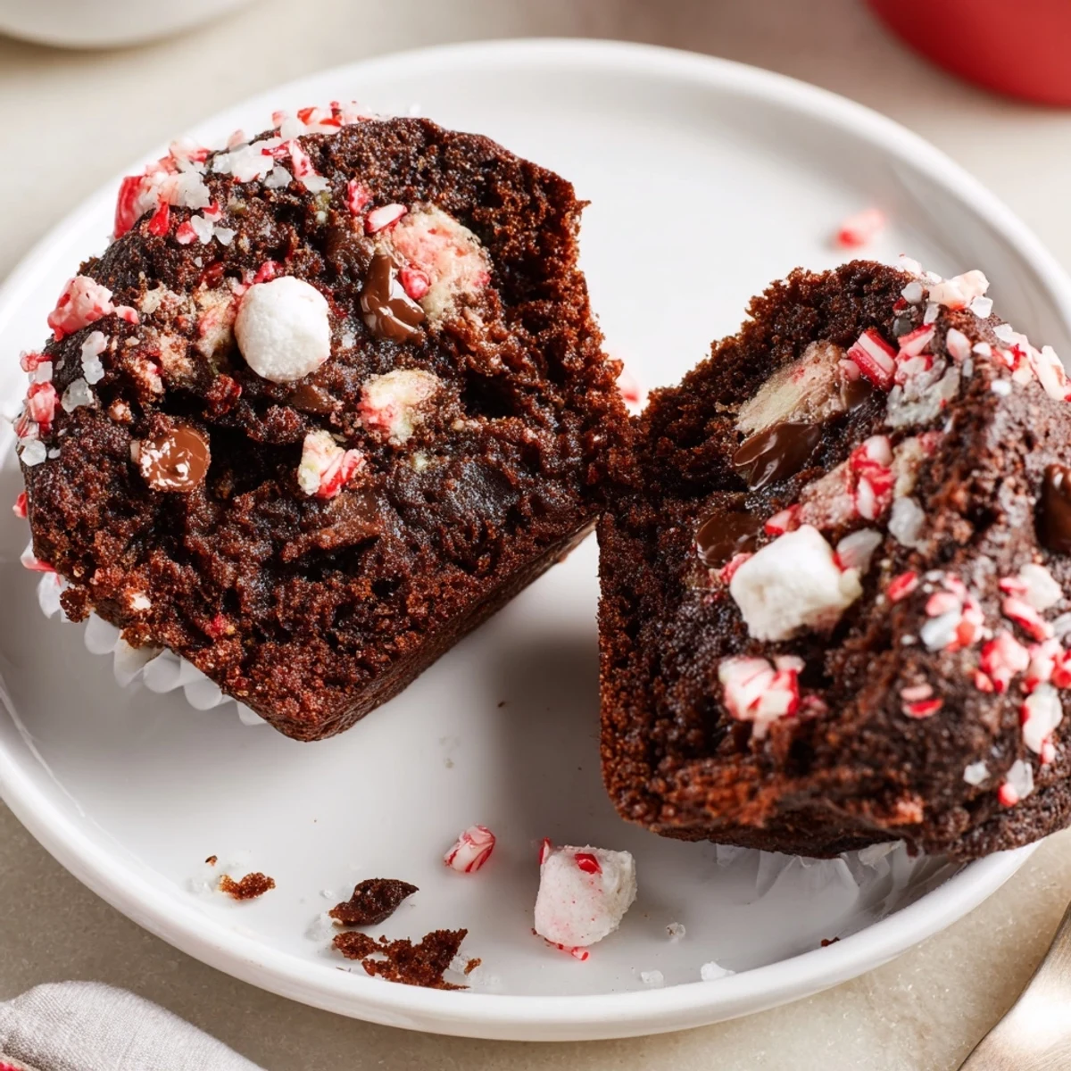 Peppermint Hot Chocolate Muffins resting on wire rack, chocolate chips glistening  