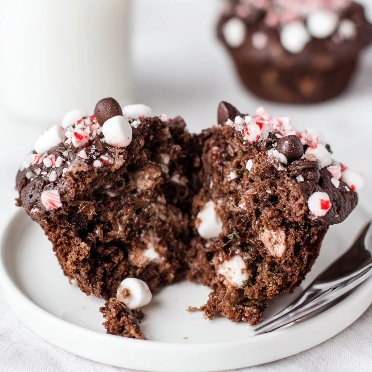 A plate of Peppermint Hot Chocolate Muffins topped with marshmallows and powdered sugar