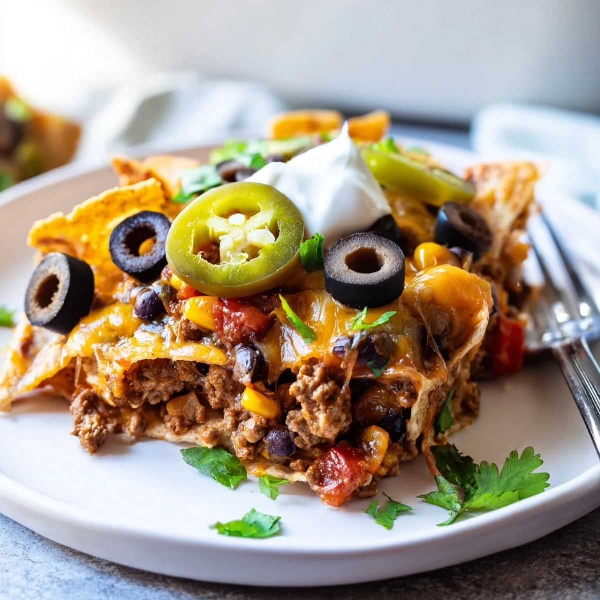 Cheesy Nacho Casserole bubbling golden in baking dish, topped with cilantro  