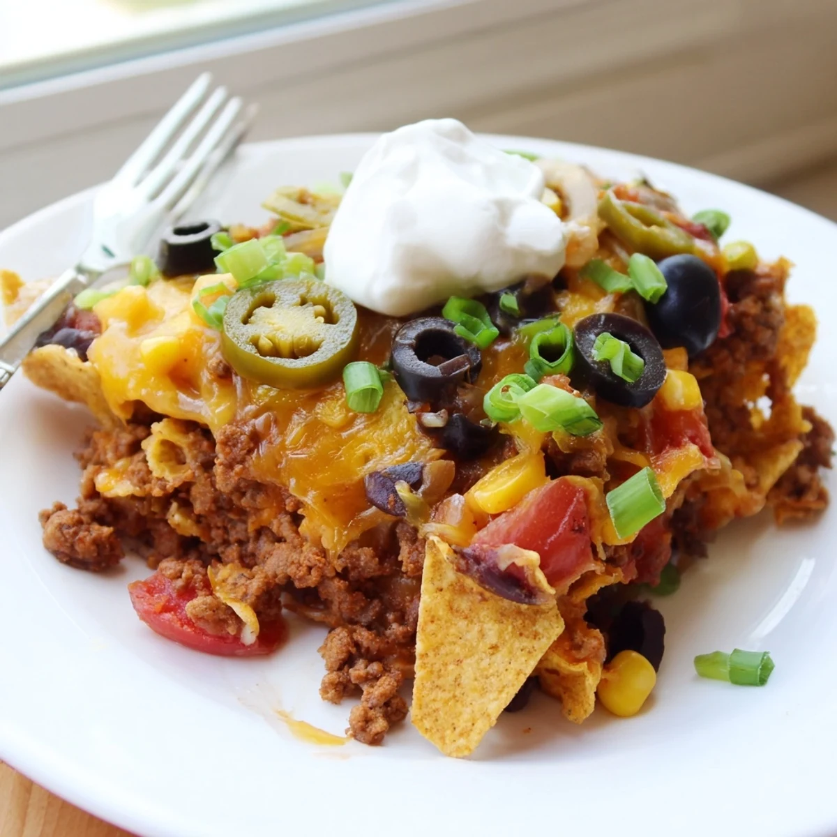 Hearty Cheesy Nacho Casserole slice on plate, crisp chips under gooey cheese  