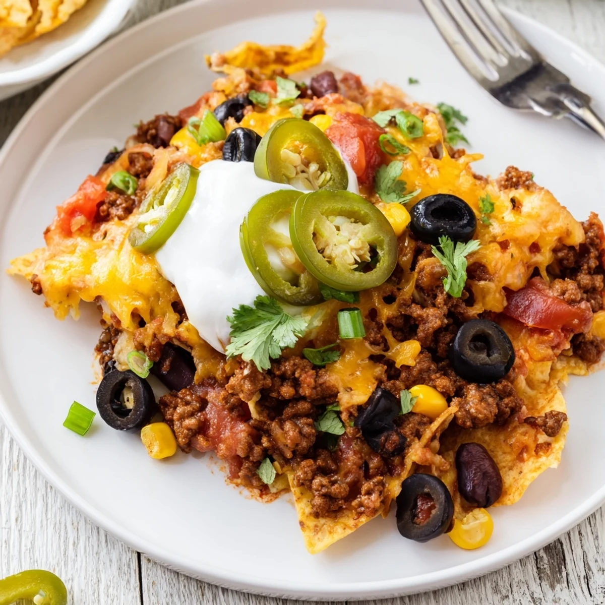 Warm Cheesy Nacho Casserole served for game night with sour cream dollop