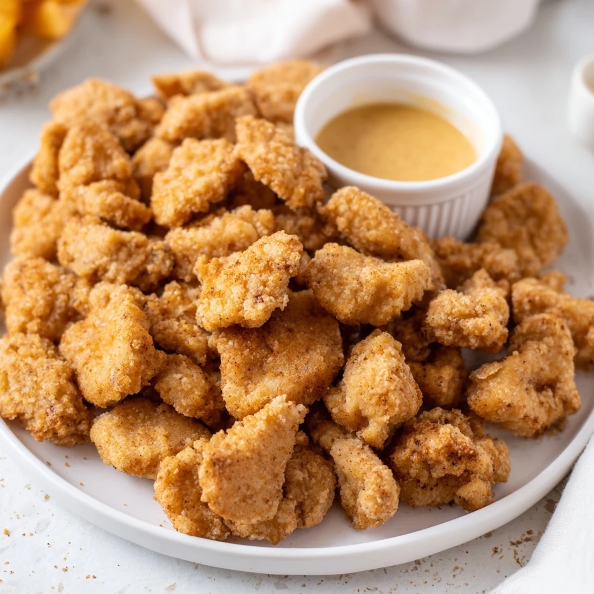 Golden, crispy Chicken Bites piled on a napkin with steaming aroma
