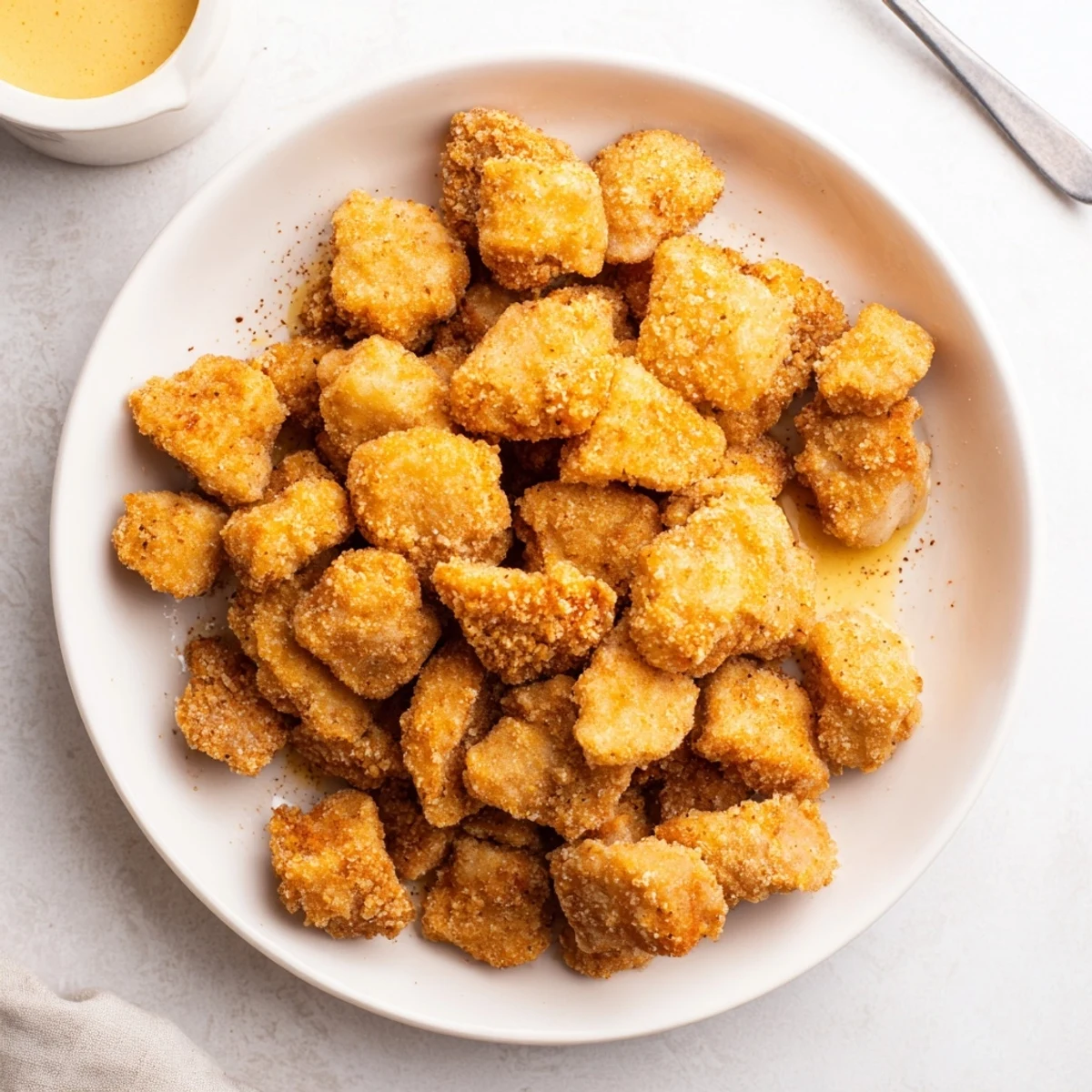 Small, tender Chicken Bites glistening with oil, ready for dipping