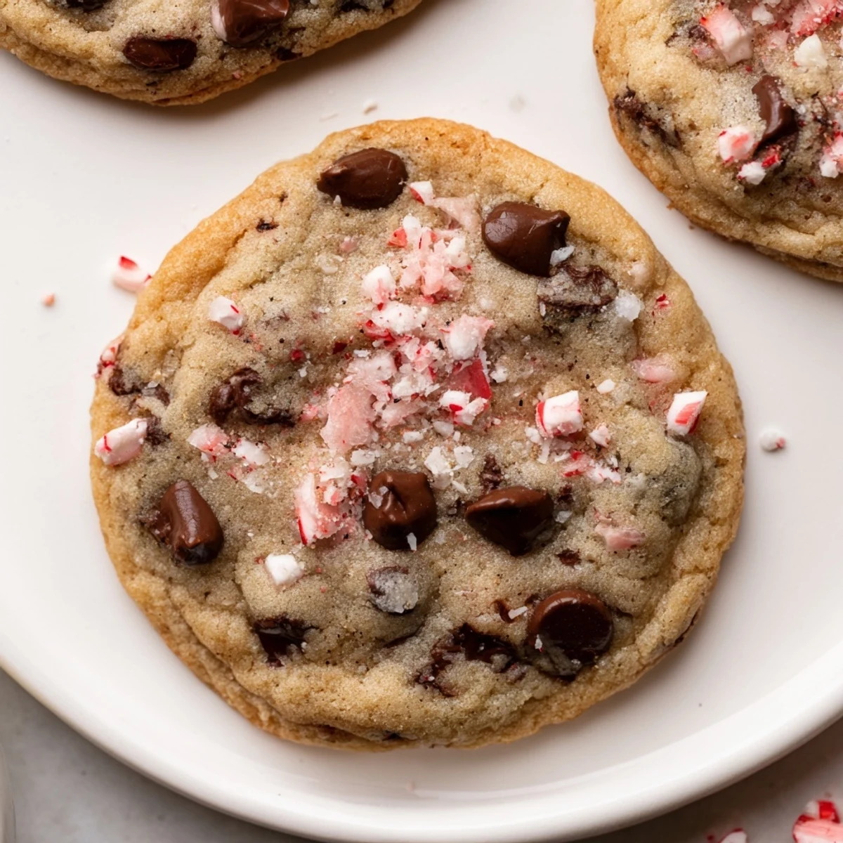 Fresh baked Peppermint Chocolate Chip Cookies stacked with crushed candy cane garnish.