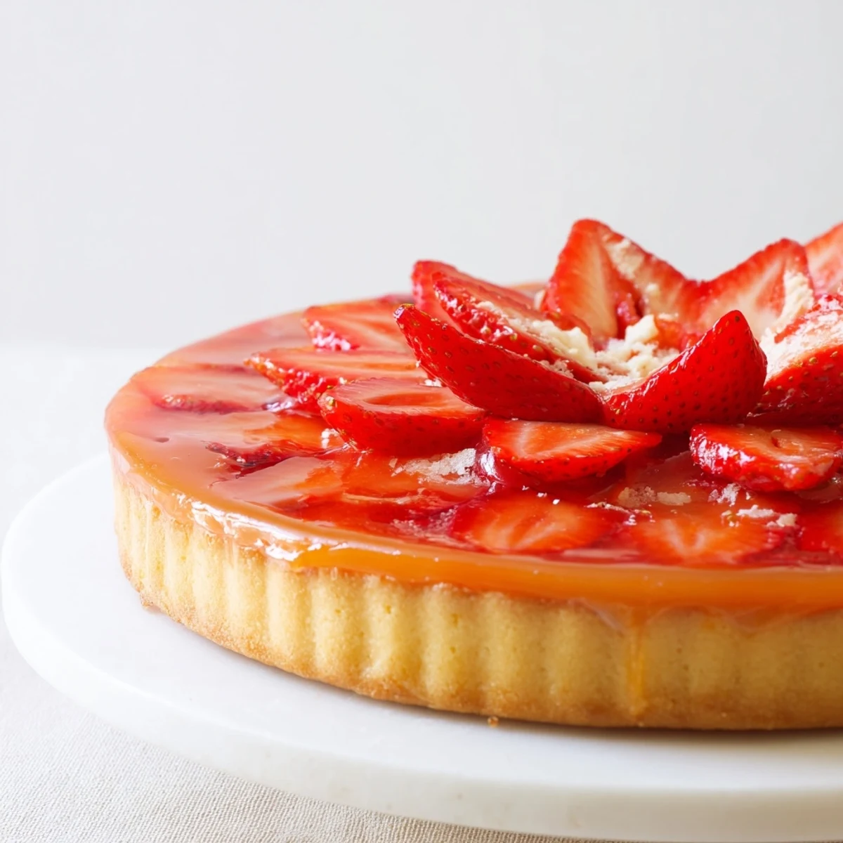 Golden buttery crust Tarte aux Fraises plated with apricot glaze, picnic-ready.