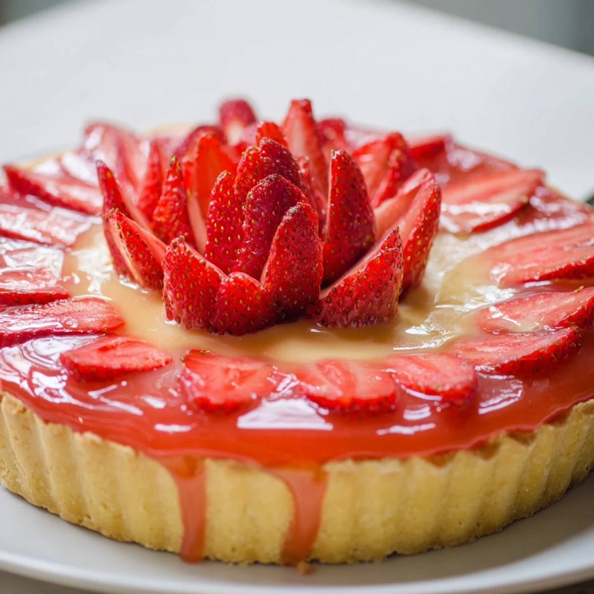Slice of Tarte aux Fraises on white plate, silky custard, lemon-zest hint.