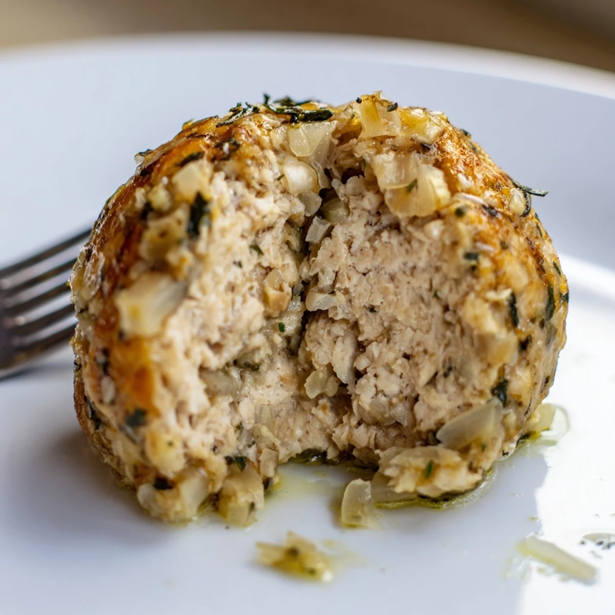 A plate of Sage Onion Chicken Balls steaming, crisp exterior, tender interior.