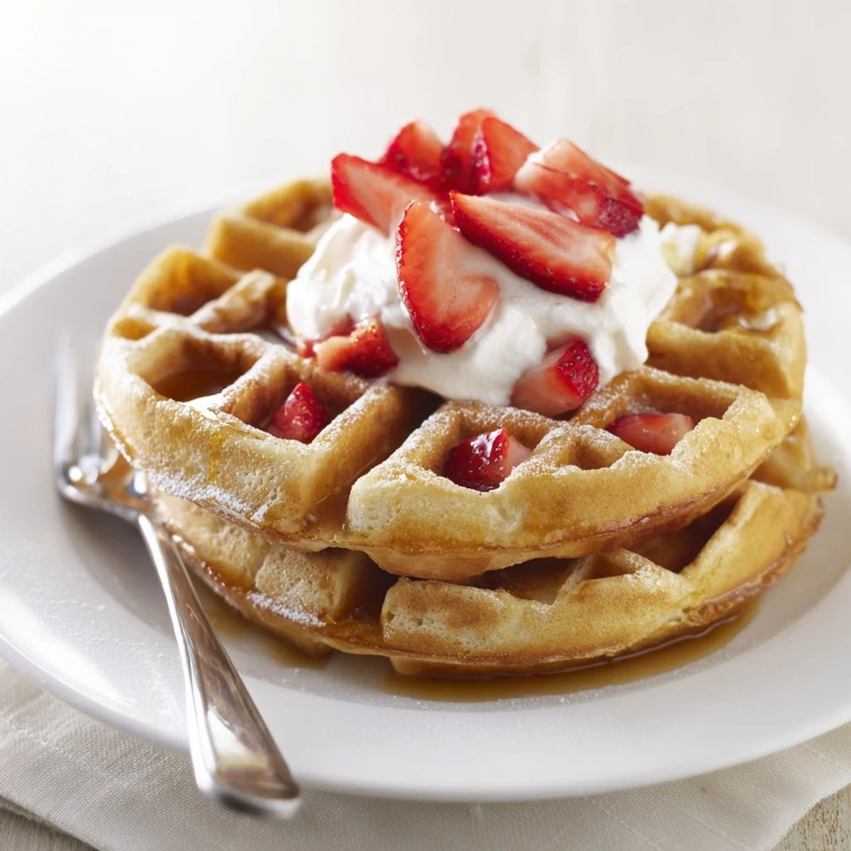 Strawberry Waffles Recipe: golden, crisp waffles studded with juicy strawberries, drizzled with maple syrup