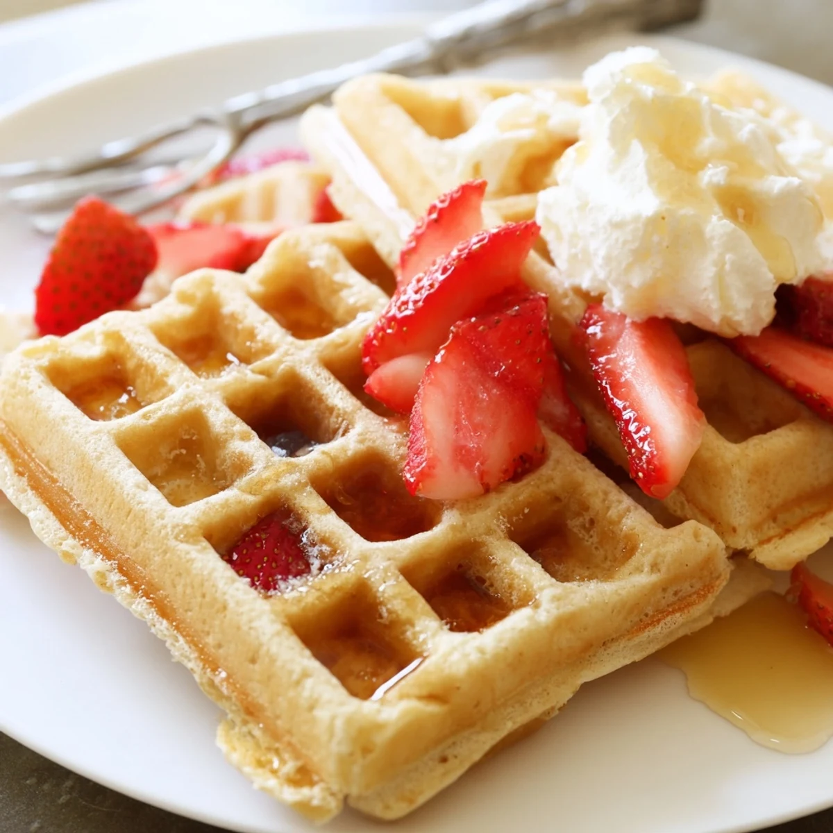 Warm Strawberry Waffles Recipe served with whipped cream, extra berries, buttery aroma