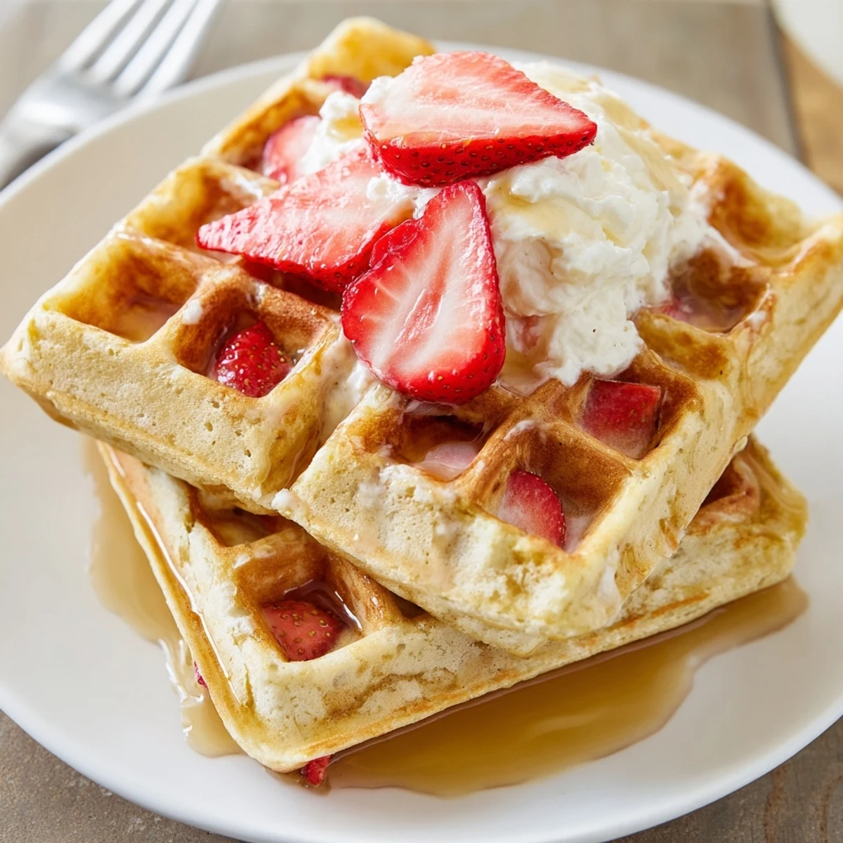 Homestyle Strawberry Waffles Recipe fresh from waffle iron, fluffy interior, tangy strawberries
