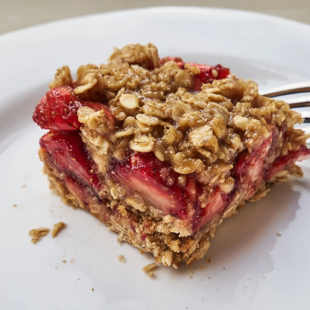 Strawberry Oatmeal Crumble Bars Recipe, golden oat topping with bubbling strawberry filling  