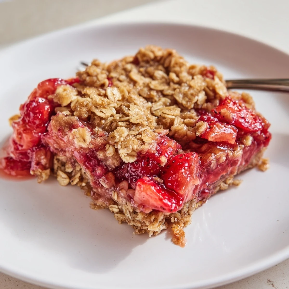 Close up sliced Strawberry Oatmeal Crumble Bars Recipe, chewy oats and juicy strawberries