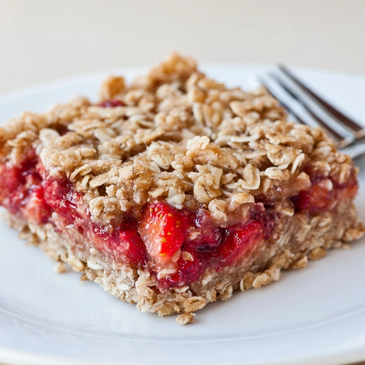 Warm Strawberry Oatmeal Crumble Bars Recipe served with melting vanilla ice cream  