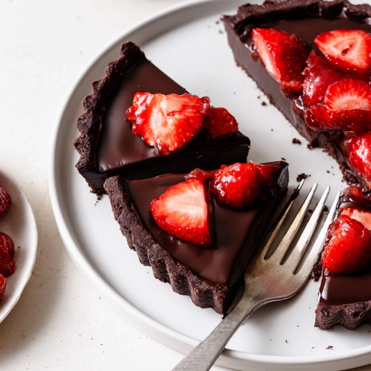 Dark Chocolate Strawberry Tart Recipe with glossy ganache and fresh sliced strawberries
