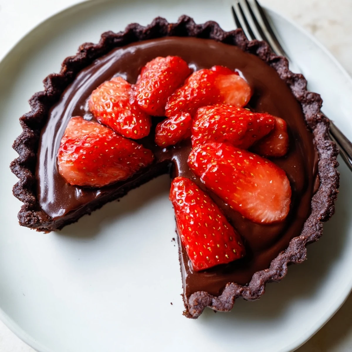Sliced strawberries crown the chilled Dark Chocolate Strawberry Tart Recipe, rich crust
