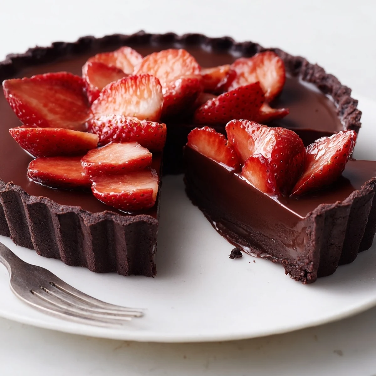 Serve the Dark Chocolate Strawberry Tart Recipe chilled with sparkling rosé for dessert