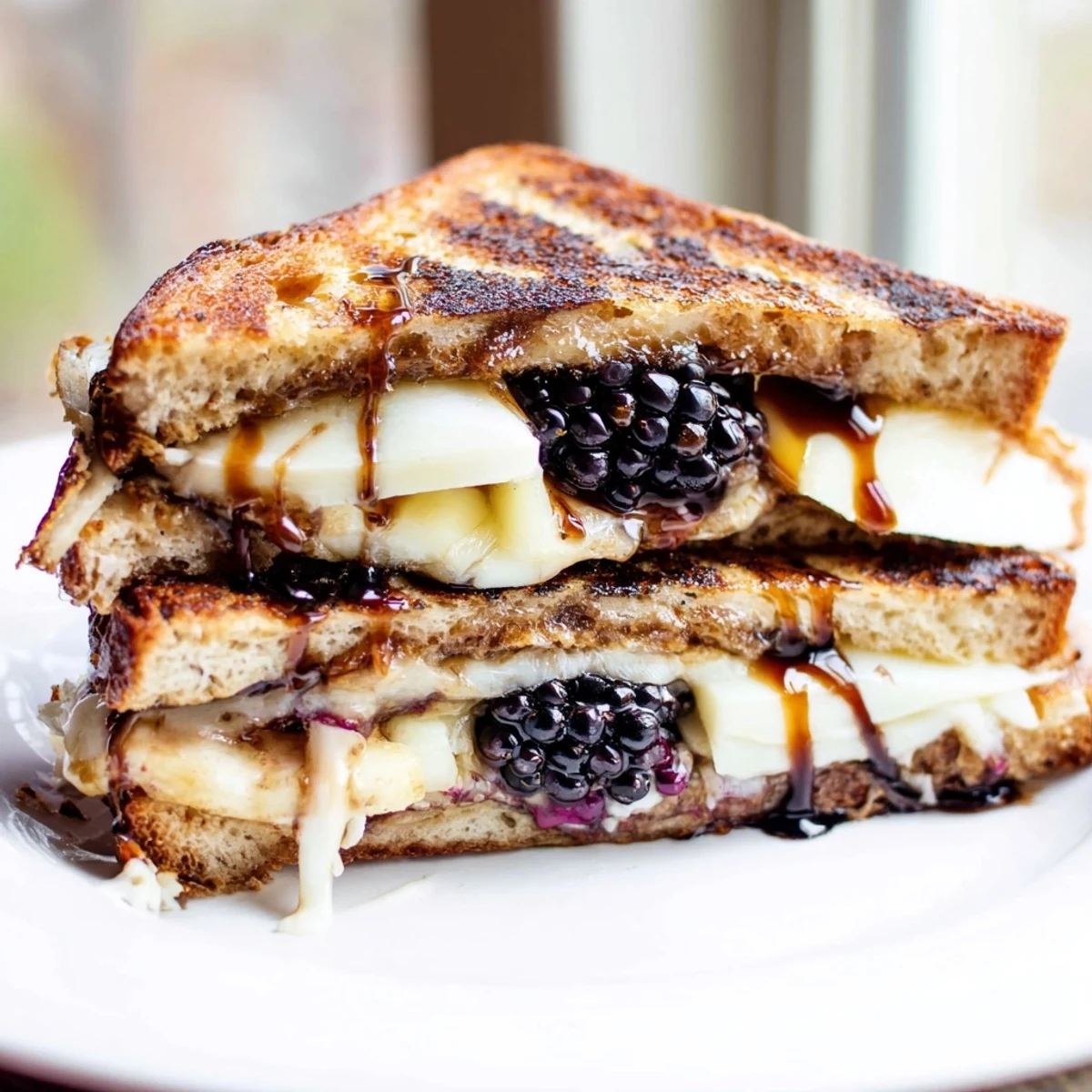 Warm Balsamic Blackberry Bliss Grilled Cheese sliced, juicy blackberries, honeyed glaze glistening.