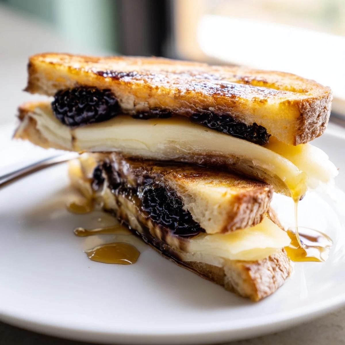 Toasted Balsamic Blackberry Bliss Grilled Cheese served with fresh basil, oozy cheddar pull.