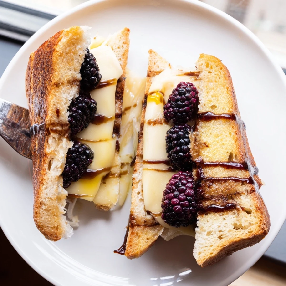 Balsamic Blackberry Bliss Grilled Cheese with melty brie, golden crust, glossy glaze.