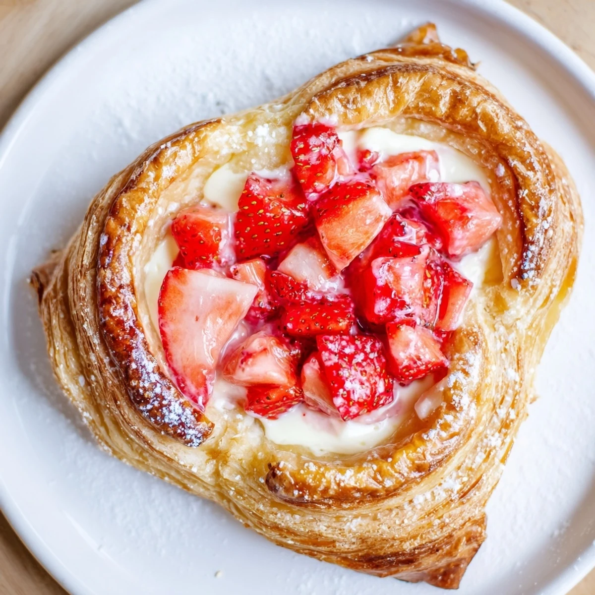 Golden, flaky Strawberry Danish Recipe with creamy cheese center and sweet glaze